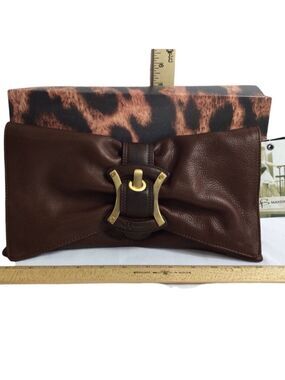B. Makowsky Women's Leather Bow Clutch with Removable Strap 6”x12” Brown NWT